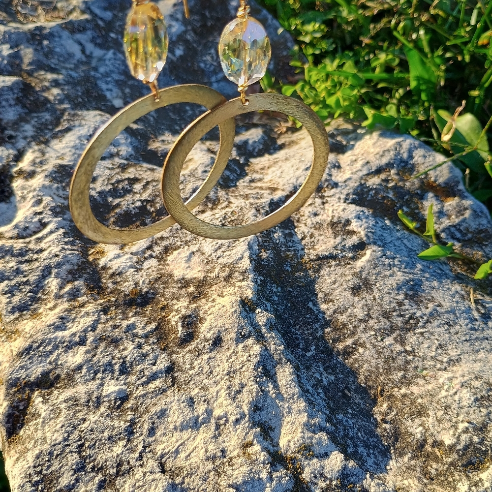 Vintage, 1990s, large brushed gold tone hoop earrings w crystal accent, gypsy
